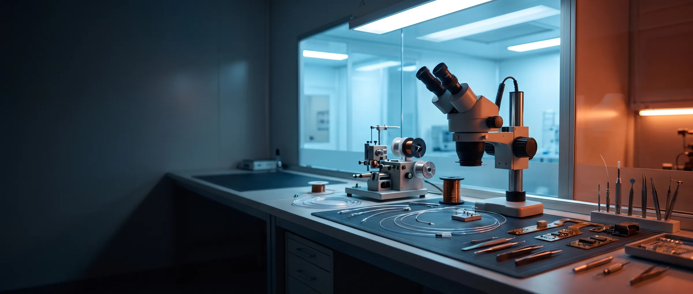 Proton's prototyping bench: stereo microscope, coil winder, catheter prototypes and flex circuits beside the cleanroom