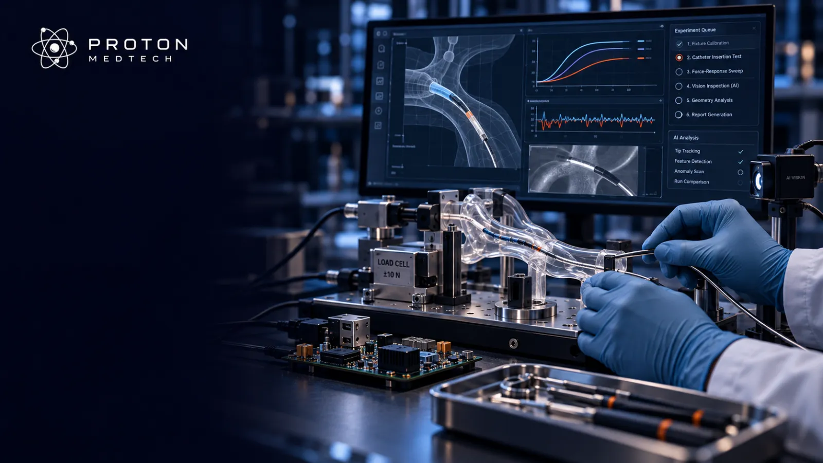 Proton engineer working on an instrumented catheter test fixture with connected analytical software