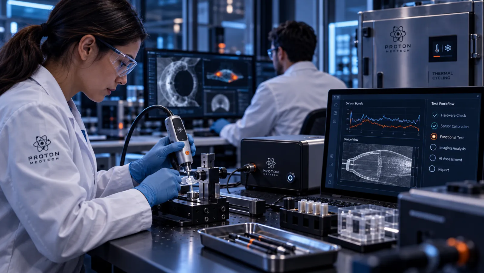 Proton engineers evaluating a complete connected medical device system