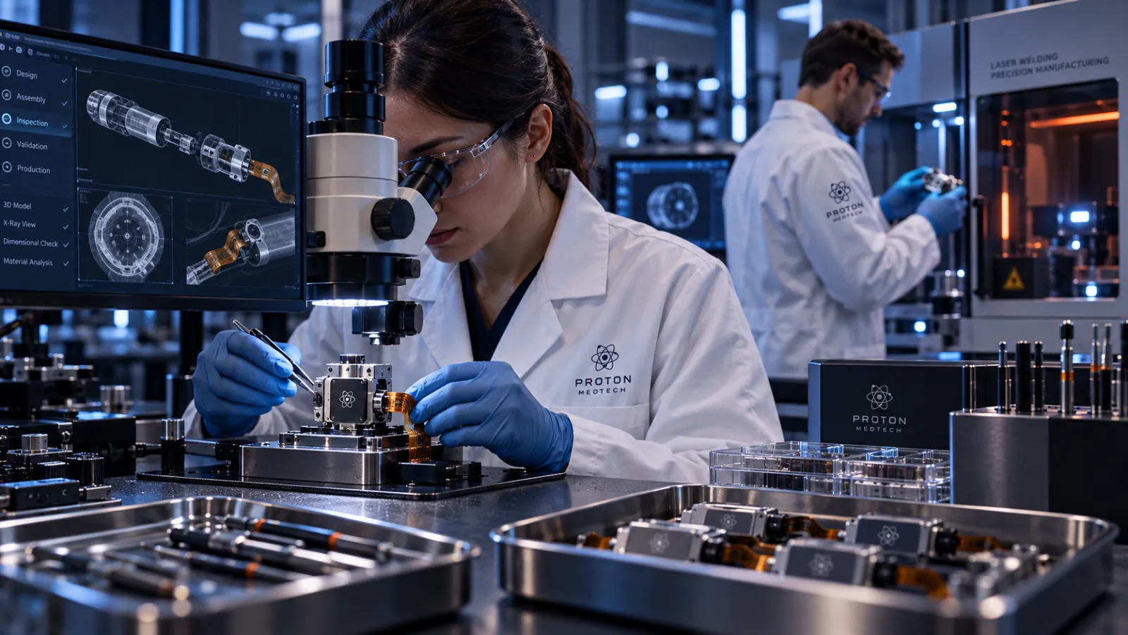 Proton engineers assembling and inspecting precision medical-device components