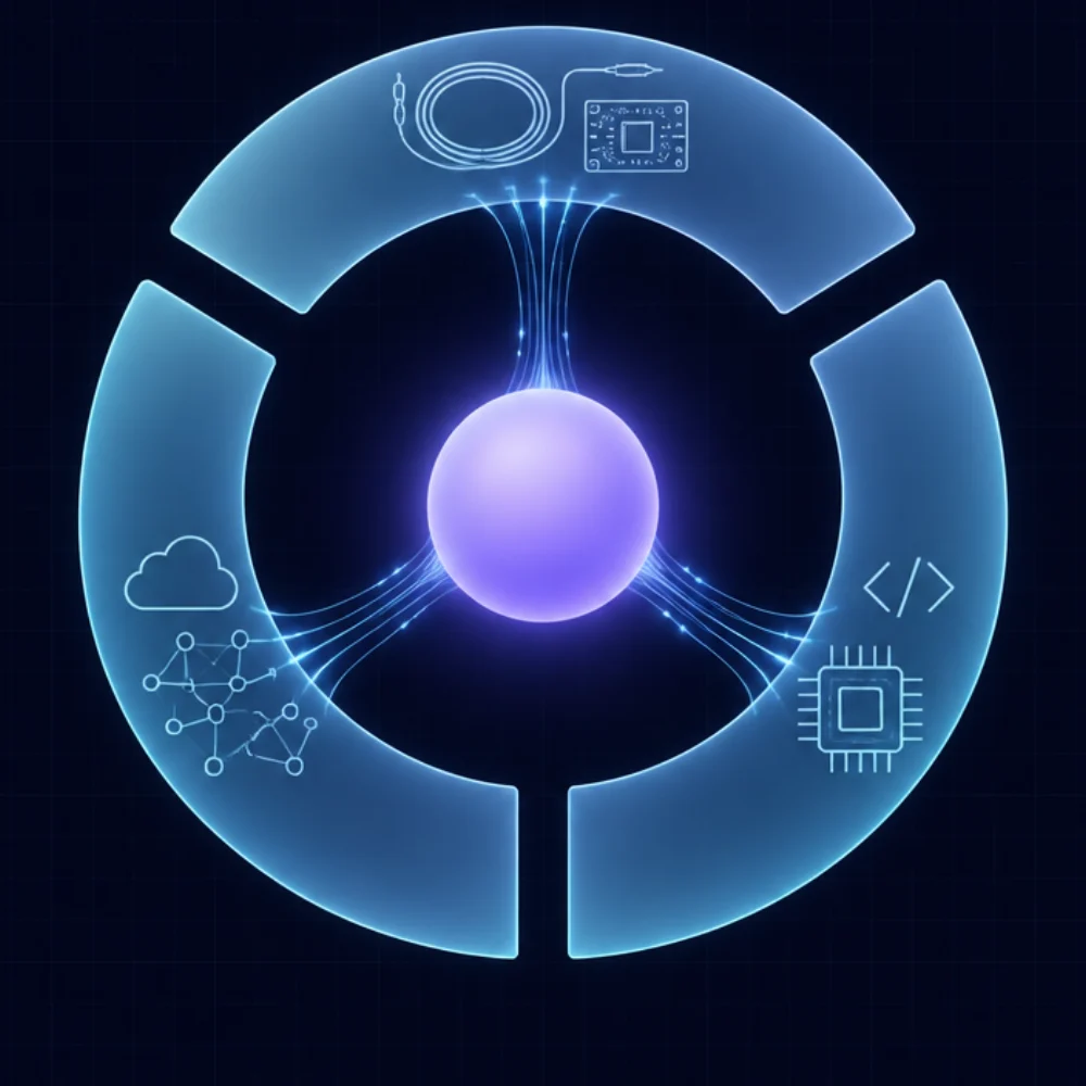 Superintelligence at the center of a ring made of hardware, software and SaaS